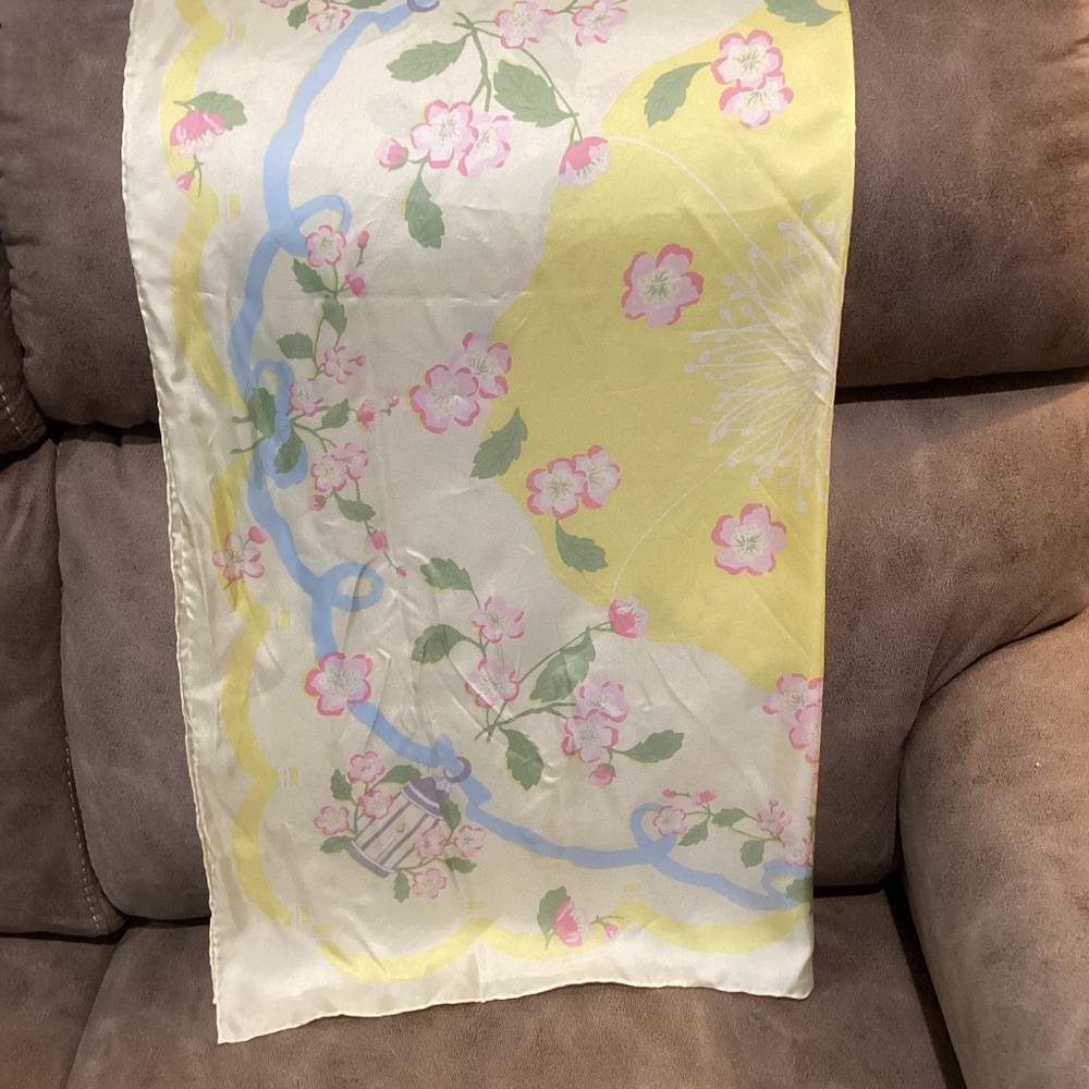 100% silk scarf rolled hem yellow pink floral  like new